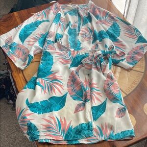 Tropical Kimono Coverup / Dress - White, Pink, Teal